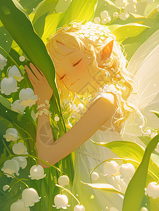 在梦幻花丛中闻花朵的可爱卡通女孩背景图片