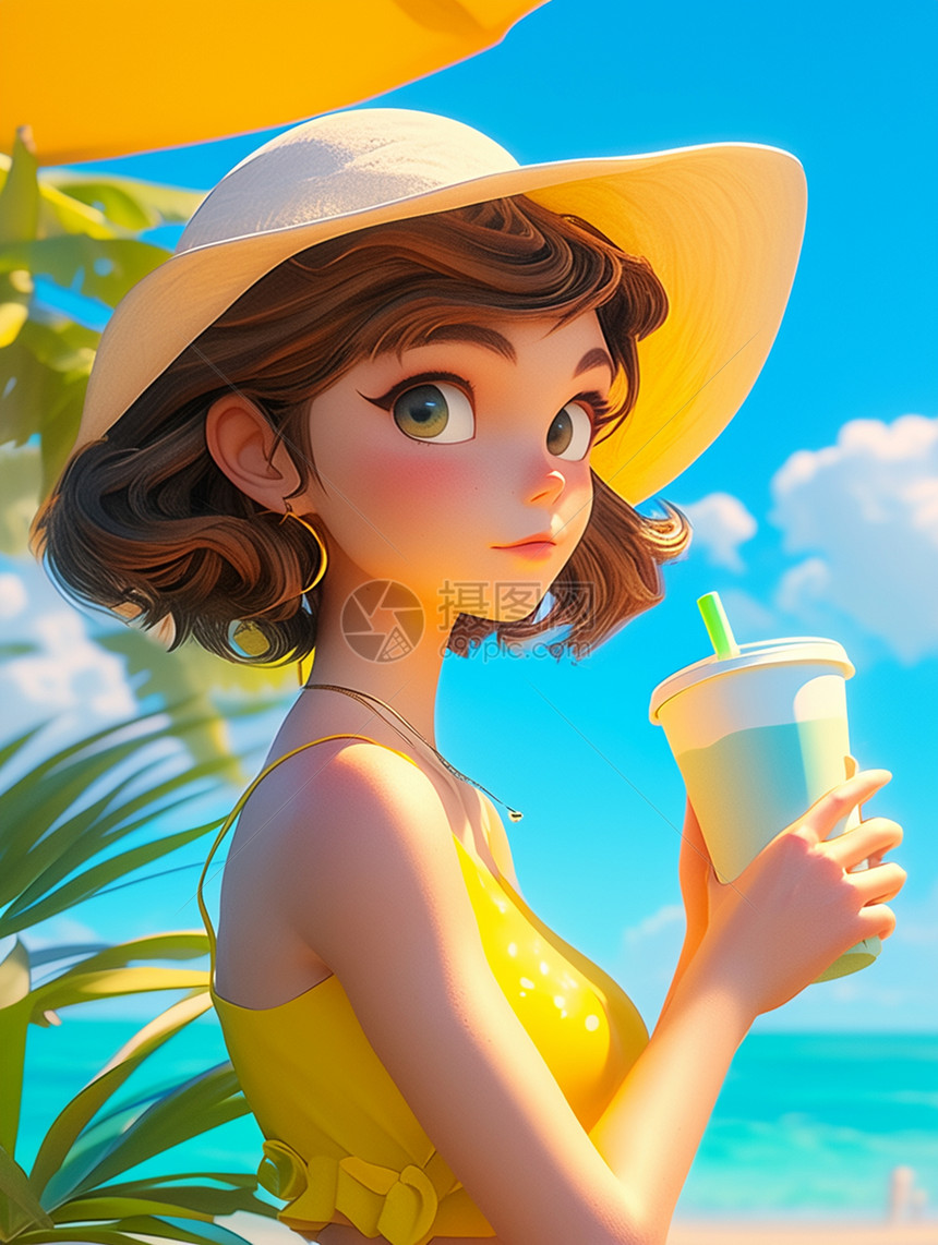 戴着黄色遮阳帽在椰子树的卡通女孩图片