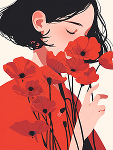 身穿红色衣服正在闻花朵的卡通女人背景图片