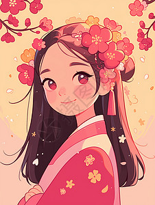 春天头上戴着小红花古风装扮可爱的卡通小女孩背景图片