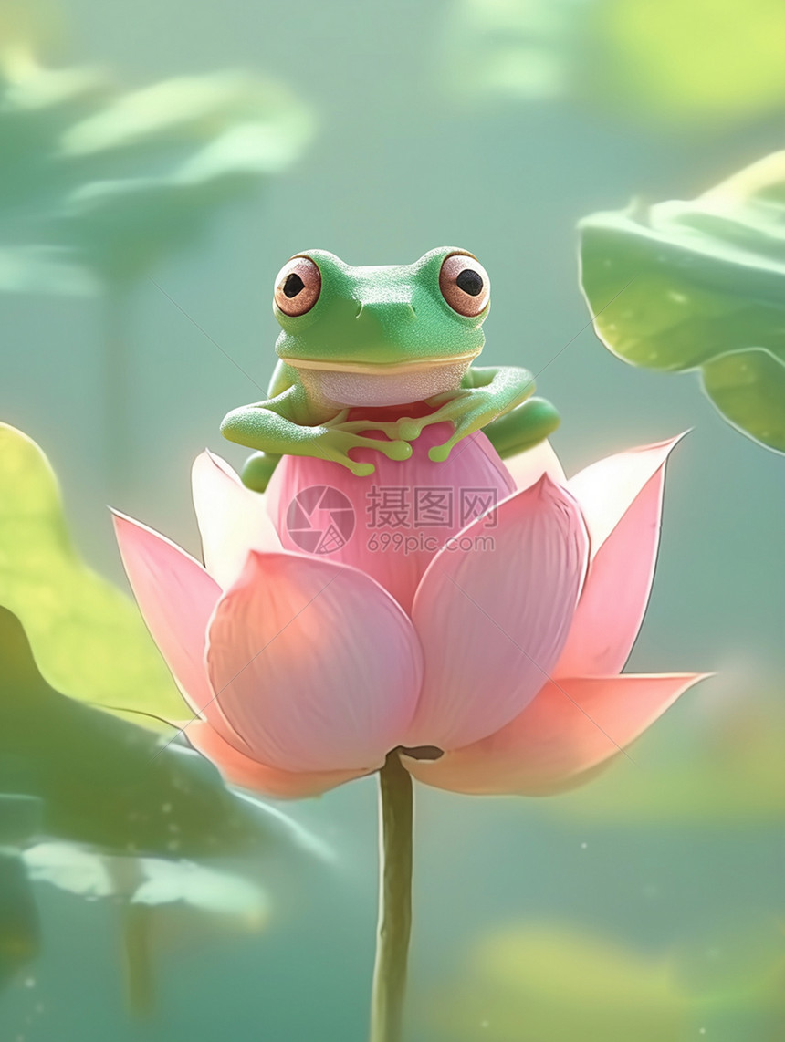 在粉色荷花上的一只可爱的卡通小青蛙图片