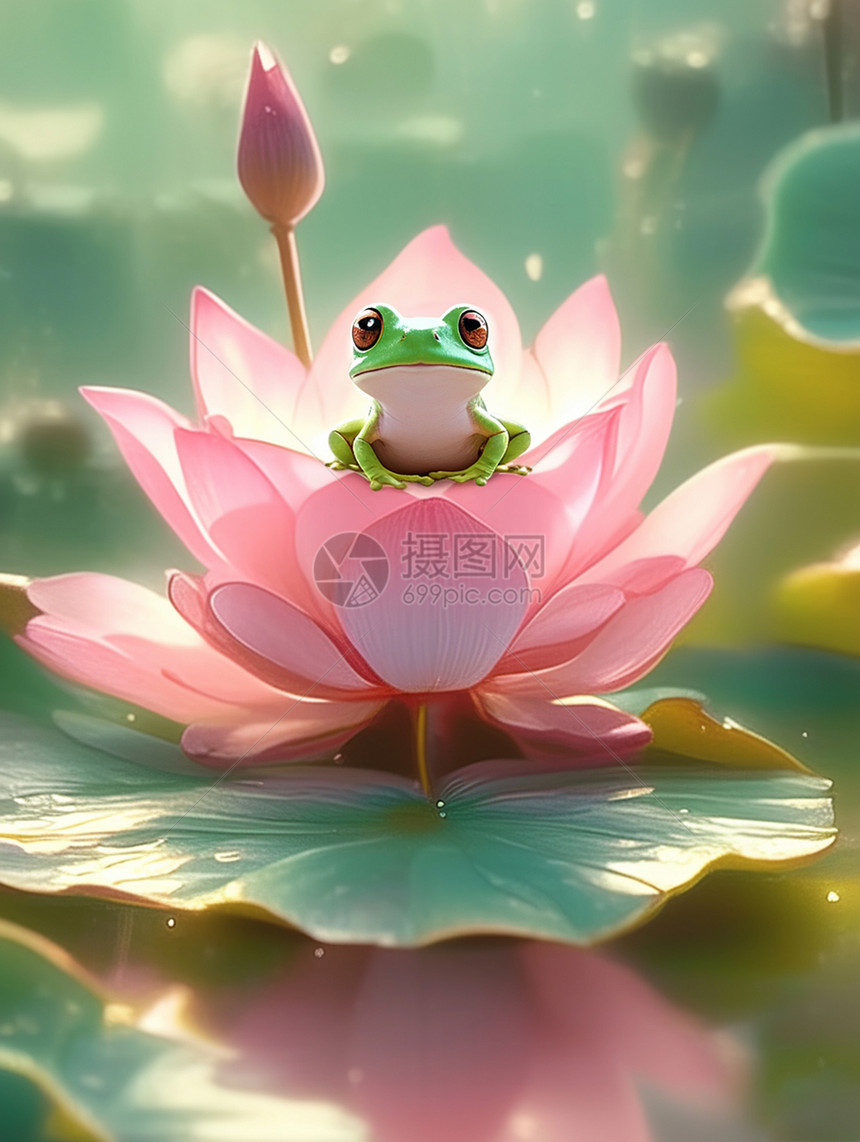 在粉色荷花上的一只可爱的卡通小青蛙图片