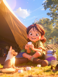可爱的卡通女孩与宠物狗一起在森林中露营背景图片