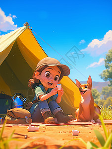 小女孩与宠物狗一起在森林中露营背景图片