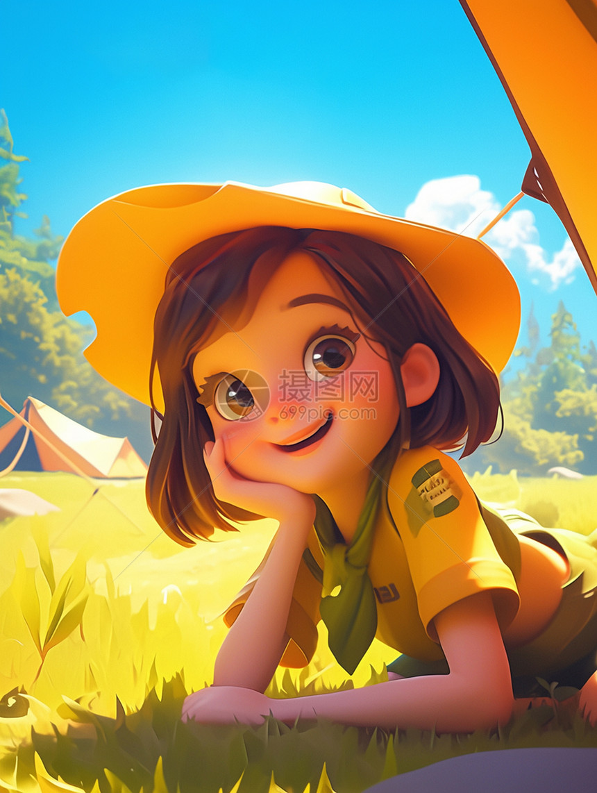 穿着黄色T恤戴着帽子在户外露营的女孩图片
