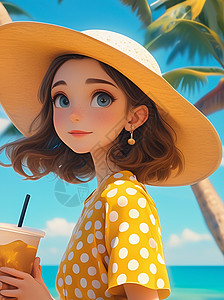 卡通遮阳帽穿着黄色波点上衣手拿奶茶的卡通女孩插画