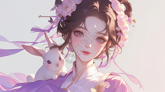 艺术字兔穿着紫色汉服头戴花朵的古风美女肩膀上有一只宠物兔插画