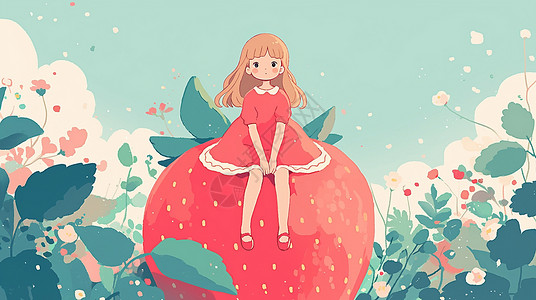 草莓女孩红色坐在红色大大的草莓上乖巧可爱的卡通小女孩插画