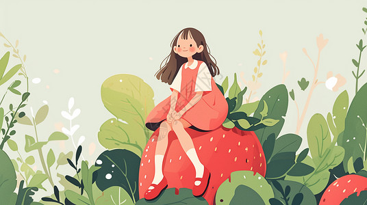 红色女孩插画坐在红色大大的草莓上乖巧可爱的小女孩插画
