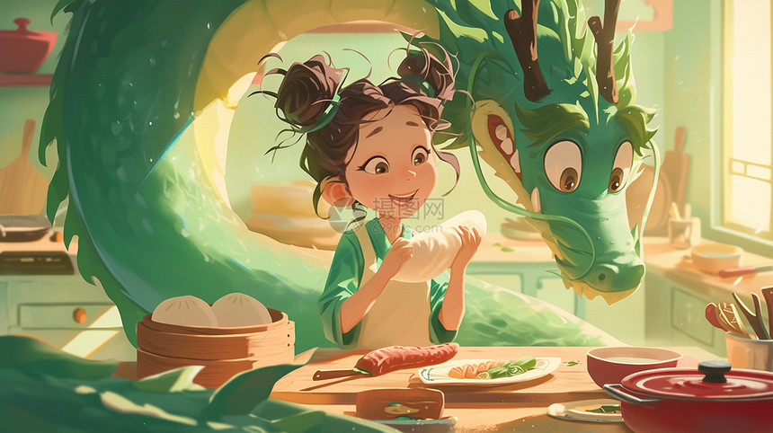 绿色巨龙与可爱的卡通小女孩一起在厨房做饭图片