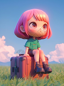 短发可爱的卡通女孩坐在旅箱上背景图片