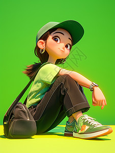 独家的穿着嫩绿色T恤坐在草地上时尚的女孩插画