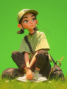时尚包穿着嫩绿色T恤坐在草地上的卡通女孩插画