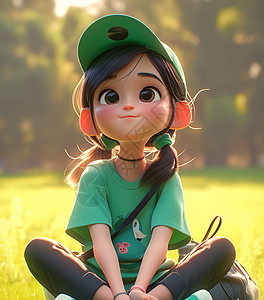 小清新包素材春天坐在草地上头戴棒球帽的时尚卡通女孩插画
