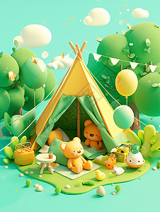 春天森林中可爱的露营帐篷背景图片