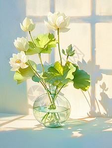 花瓶中插着几枝花朵手绘风插画高清图片