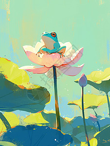 青蛙蹲在荷叶上在粉色荷花上一只可爱的绿色卡通小青蛙插画