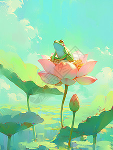 在粉色荷花上一只可爱的绿色卡通小青蛙背景图片