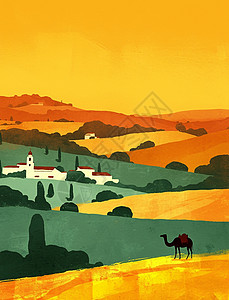卡通骆驼傍晚一只骆驼走在山坡上唯美插画插画