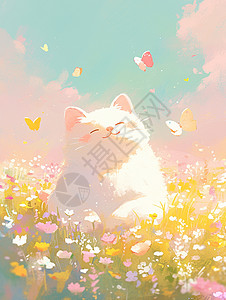 梦幻卡通猫在花丛中的蝴蝶背景图片