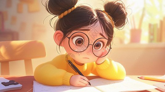 小女孩写作业穿着毛衣趴在桌子上写作业的卡通小女孩插画