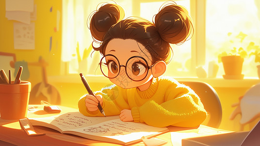 穿着黄色毛衣趴在桌子上写作业的小女孩插画