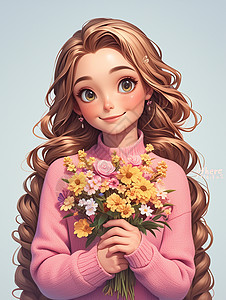 漂亮粉色花朵穿着粉色毛衣怀抱着花朵长卷发漂亮的卡通女孩插画