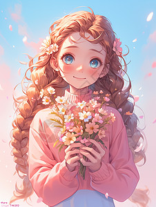 穿着粉色毛衣怀抱着花朵长卷发卡通女孩插画