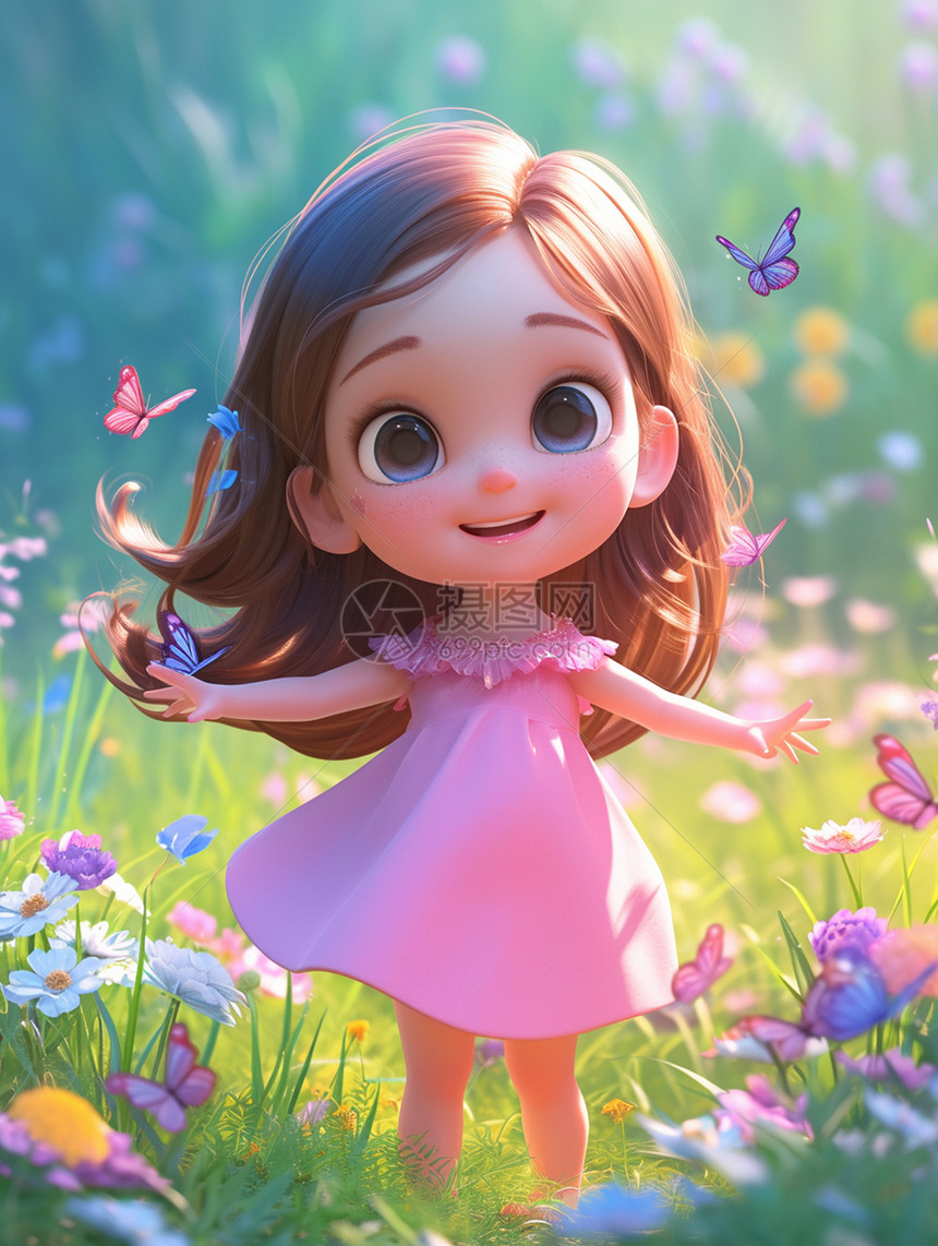 穿着裙子在花丛中与蝴蝶玩耍的卡通女孩图片