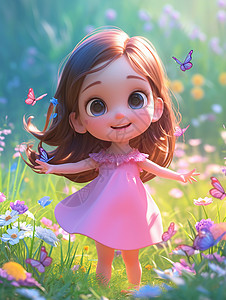 卡通裙子穿着裙子在花丛中与蝴蝶玩耍的卡通女孩插画