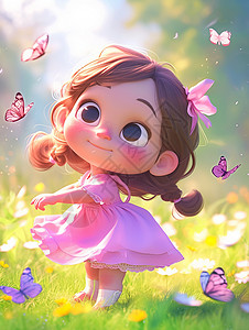 卡通裙子穿着粉色裙子在花丛中与蝴蝶玩耍的卡通女孩插画