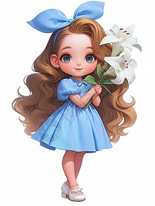 蓝色百合花穿着裙子抱着一大束百合花的卡通女孩插画