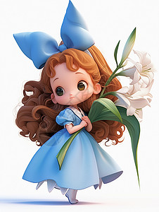 蓝色百合花抱着一大束百合花的卡通女孩插画