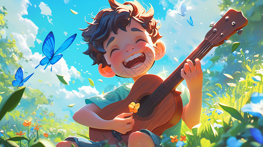 男孩笛子乐器在草丛中开心弹琴的卡通小男孩插画
