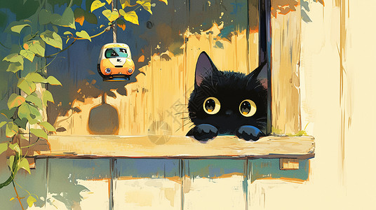 躲在木门后卡通小黑猫背景图片