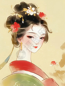 头戴红色花朵国风优雅的古风女人背景图片