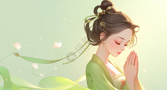 仙气渺渺双手合十仙气飘飘穿绿色汉服的卡通女人插画