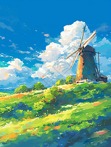 春天在美丽的山坡上有一座安装着风车的卡通小房子背景图片