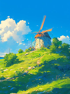 春天在绿色山坡上有一座安装着风车的卡通小房子背景图片