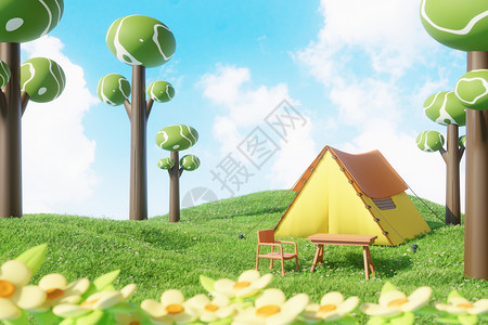 有野花的草地草地上的露营帐篷设计图片