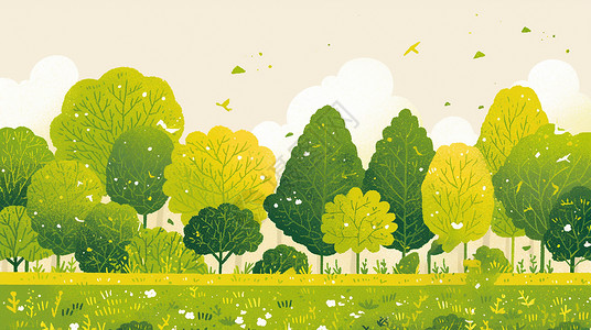 绿森林手绘风绿色调卡通森林插画