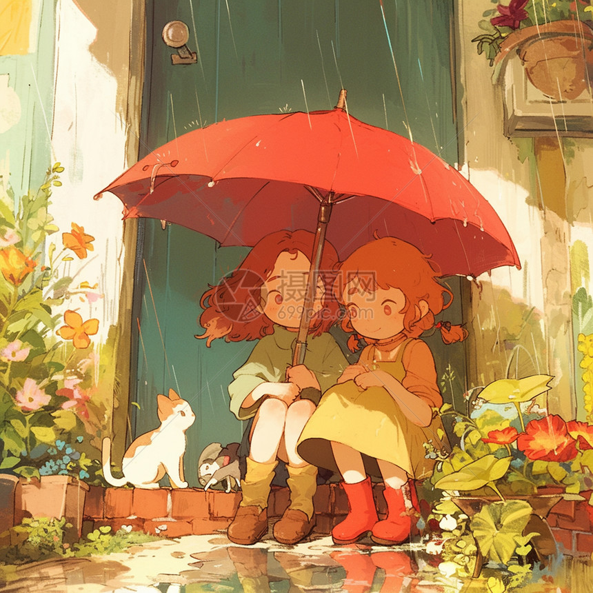 两个可爱的小女孩与宠物猫一起在雨中玩耍图片