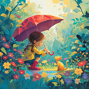 红色卡通雨伞举着红色雨伞在在雨中与黄色小猫对视的卡通女孩插画