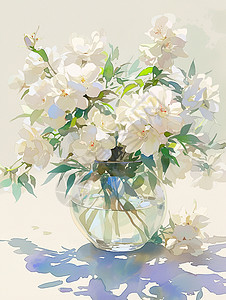 在透明花瓶中插着一束白色漂亮的卡通花朵背景图片