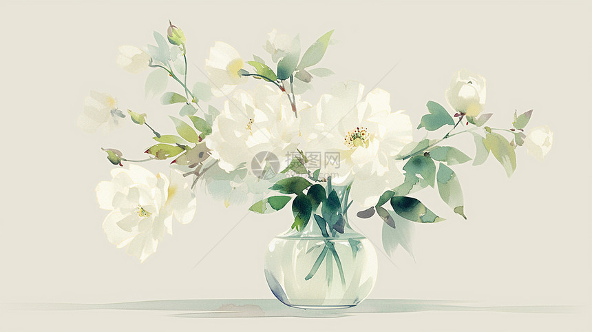 白色透明花瓶中的一束白色花朵图片