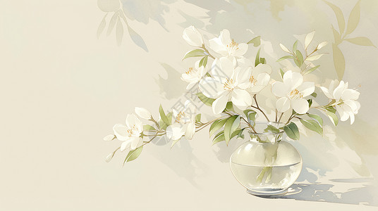 白色布艺插花透明花瓶中插着花朵插画