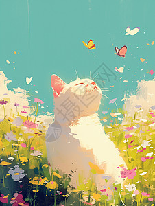 白色乖巧的卡通小猫在花丛中背景图片