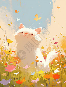 白色可爱的卡通小猫在花丛中背景图片
