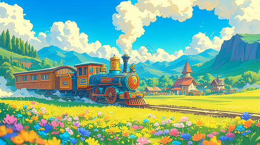 春天开满鲜花的山坡上行驶着一辆卡通列车背景图片