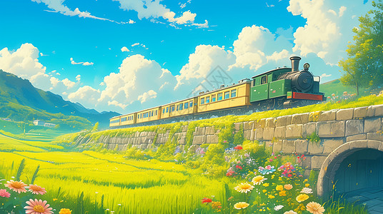 在野外开满鲜花的山坡上行驶着一辆卡通列车背景图片